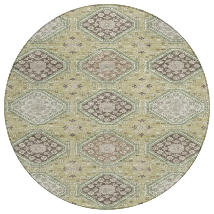 8' Artichoke Green And Brown Round Floral Washable Indoor Outdoor Area Rug