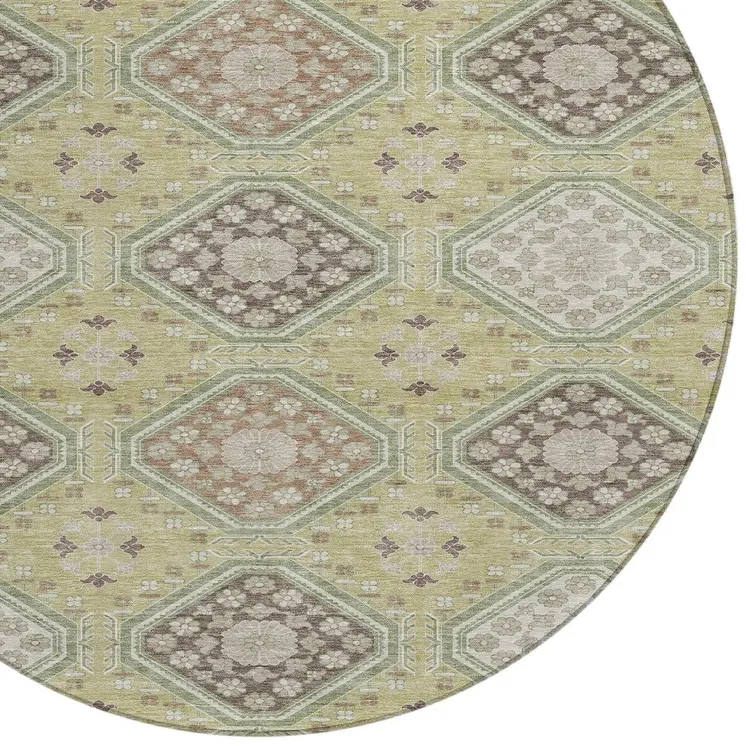 8' Artichoke Green And Brown Round Floral Washable Indoor Outdoor Area Rug