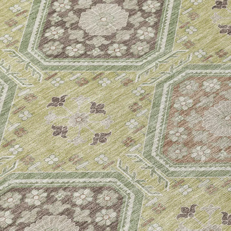 8' Artichoke Green And Brown Round Floral Washable Indoor Outdoor Area Rug