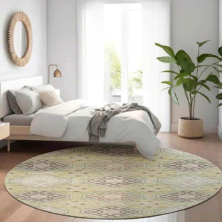 8' Artichoke Green And Brown Round Floral Washable Indoor Outdoor Area Rug