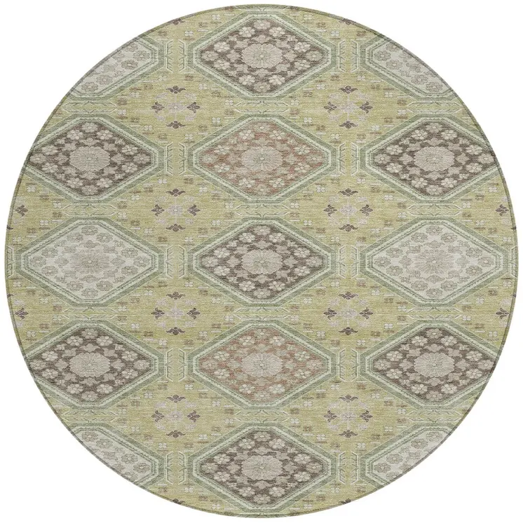 8' Artichoke Green And Brown Round Floral Washable Indoor Outdoor Area Rug