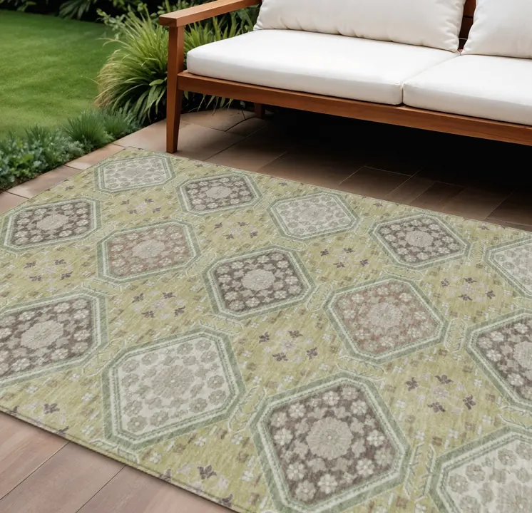 9' X 12' Artichoke Green And Brown Floral Washable Indoor Outdoor Area Rug