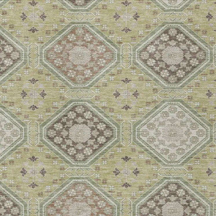 9' X 12' Artichoke Green And Brown Floral Washable Indoor Outdoor Area Rug