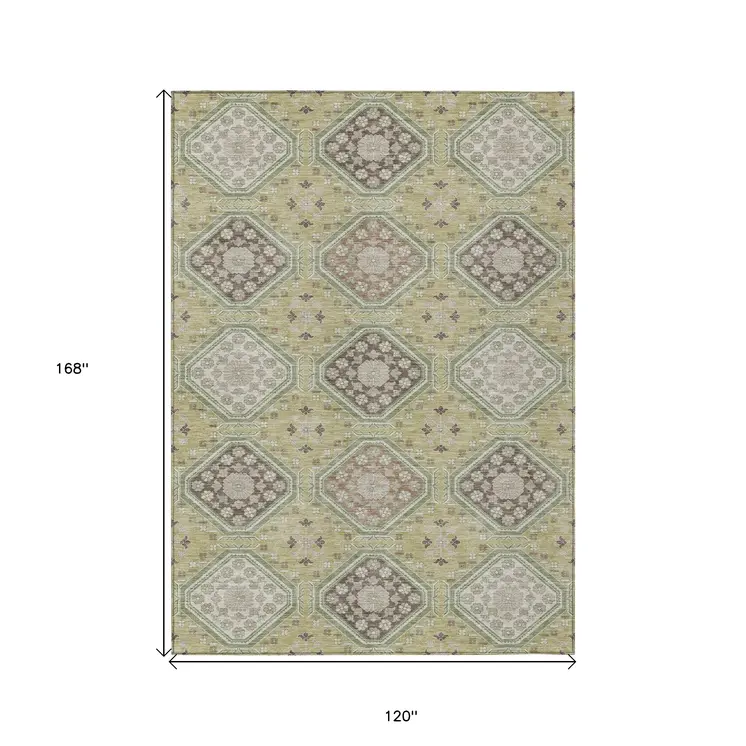 10' X 14' Artichoke Green And Brown Floral Washable Indoor Outdoor Area Rug