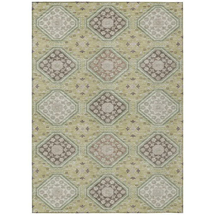 10' X 14' Artichoke Green And Brown Floral Washable Indoor Outdoor Area Rug