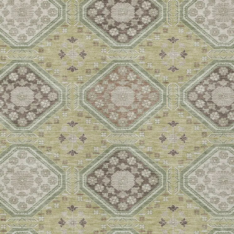 10' X 14' Artichoke Green And Brown Floral Washable Indoor Outdoor Area Rug