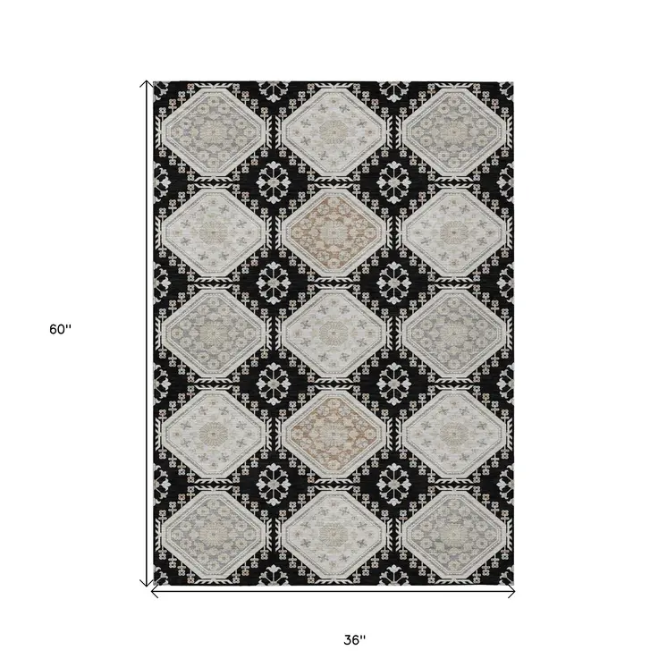 3' X 5' Black And Silver Floral Washable Indoor Outdoor Area Rug
