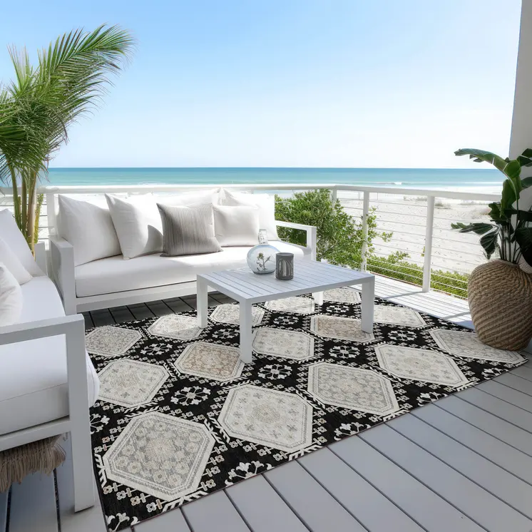 3' X 5' Black And Silver Floral Washable Indoor Outdoor Area Rug
