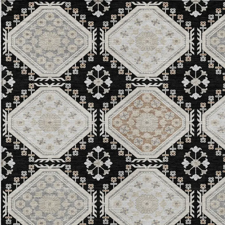 3' X 5' Black And Silver Floral Washable Indoor Outdoor Area Rug