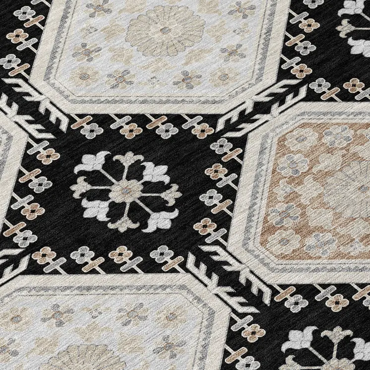 3' X 5' Black And Silver Floral Washable Indoor Outdoor Area Rug