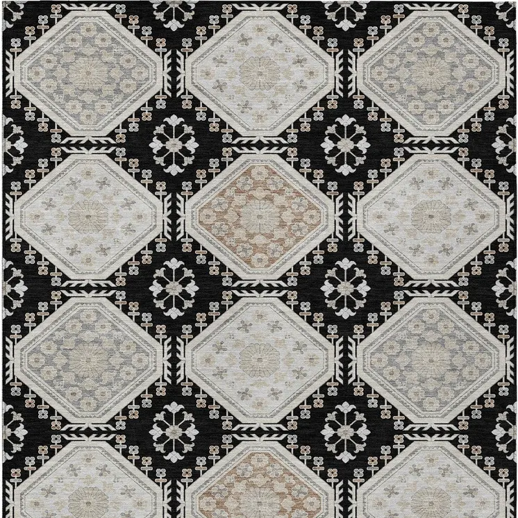 5' X 8' Black And Silver Floral Washable Indoor Outdoor Area Rug