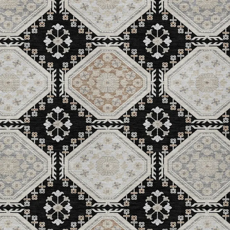 5' X 8' Black And Silver Floral Washable Indoor Outdoor Area Rug