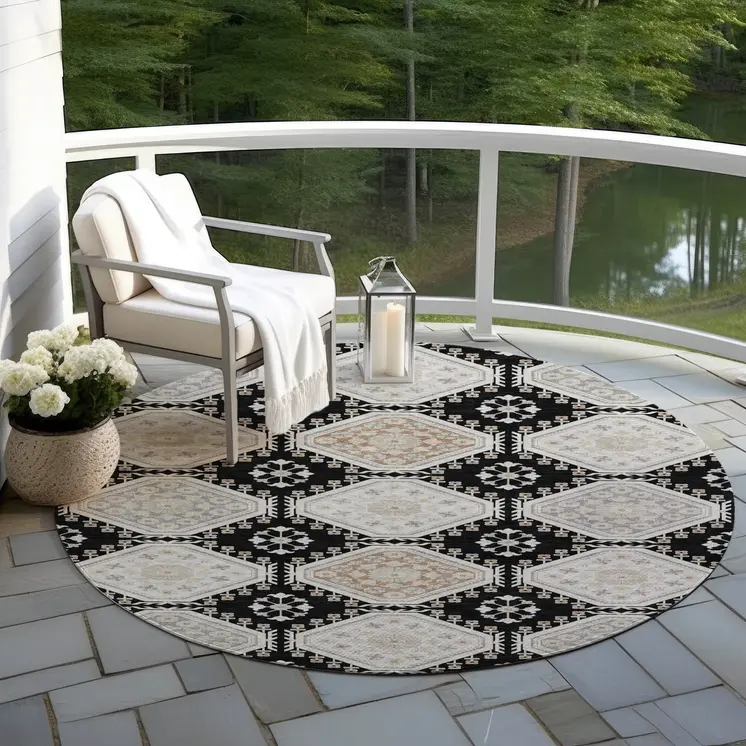 8' Black And Silver Round Floral Washable Indoor Outdoor Area Rug