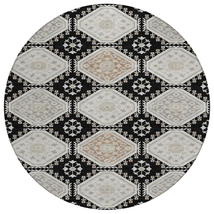 8' Black And Silver Round Floral Washable Indoor Outdoor Area Rug