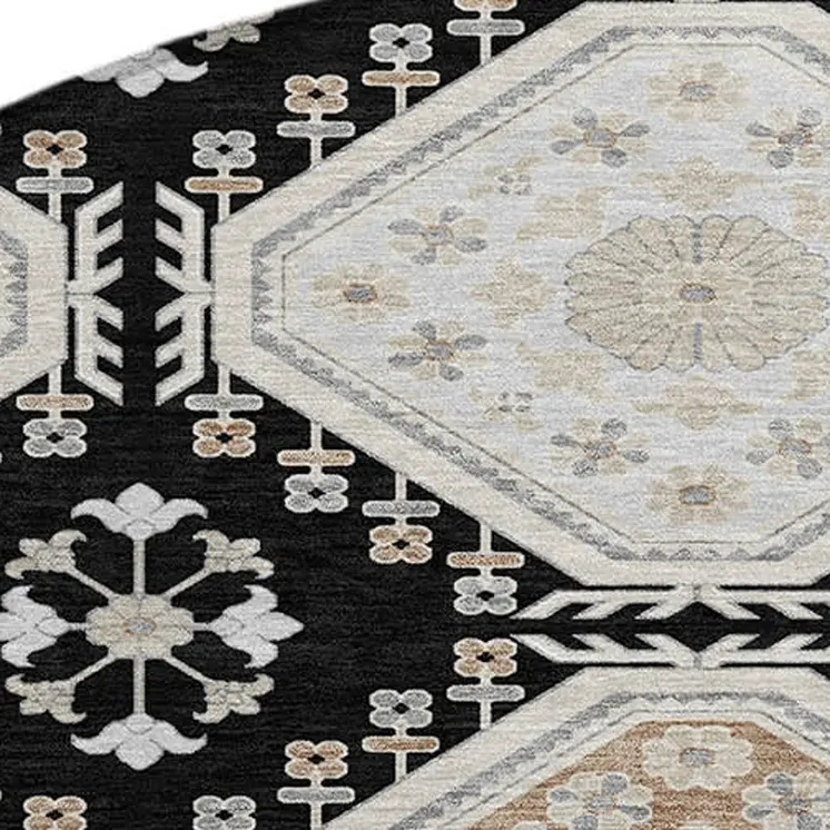 8' Black And Silver Round Floral Washable Indoor Outdoor Area Rug