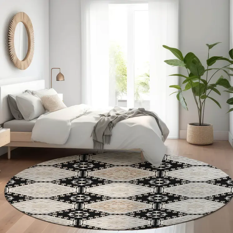 8' Black And Silver Round Floral Washable Indoor Outdoor Area Rug