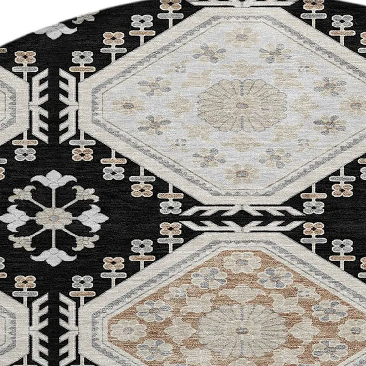 8' Black And Silver Round Floral Washable Indoor Outdoor Area Rug