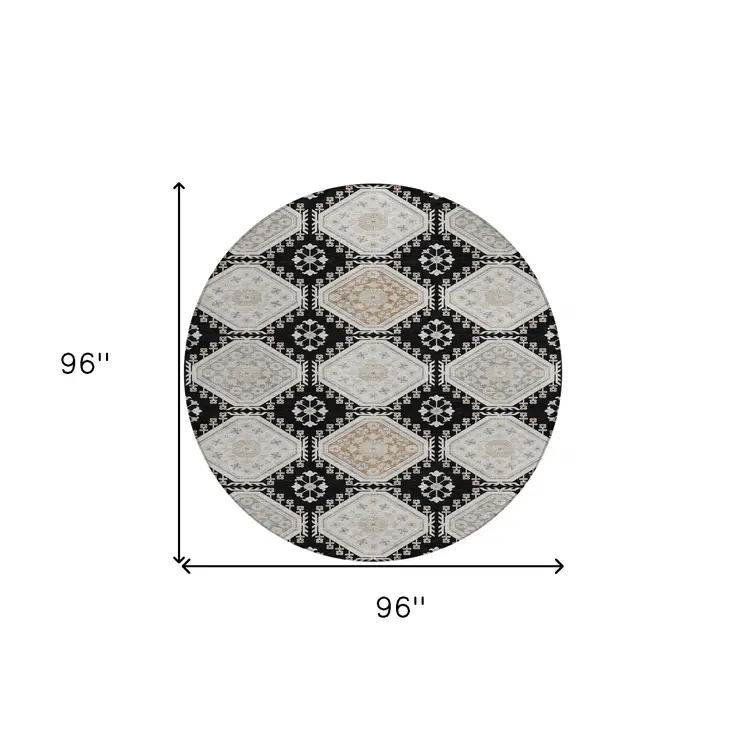 8' Black And Silver Round Floral Washable Indoor Outdoor Area Rug