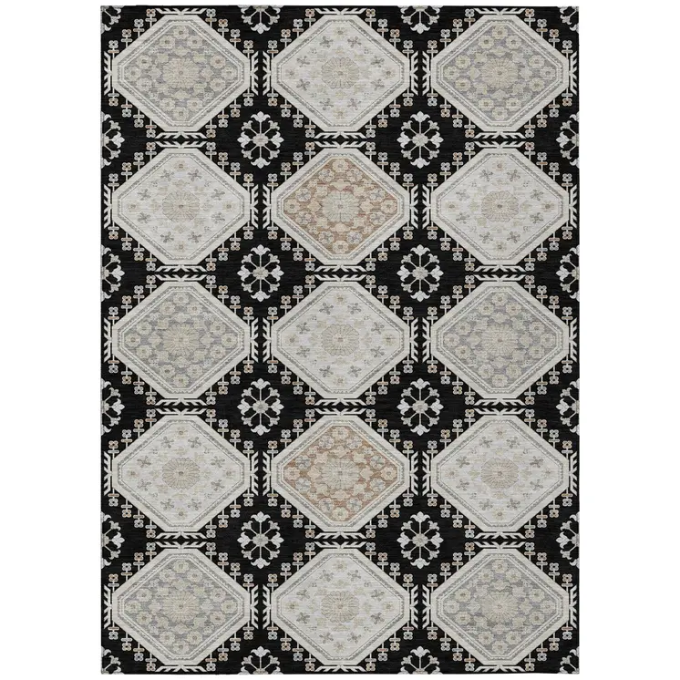 8' X 10' Black And Silver Floral Washable Indoor Outdoor Area Rug