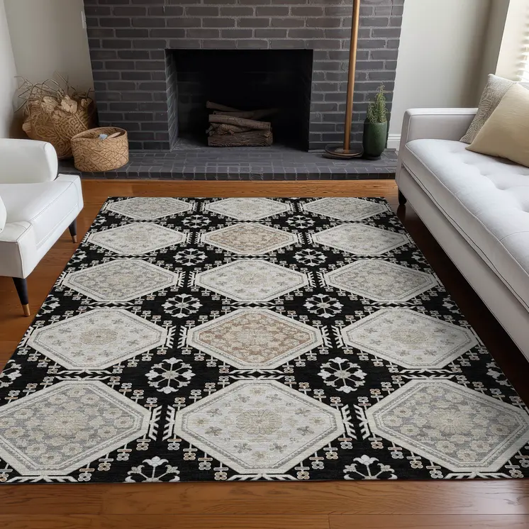 8' X 10' Black And Silver Floral Washable Indoor Outdoor Area Rug