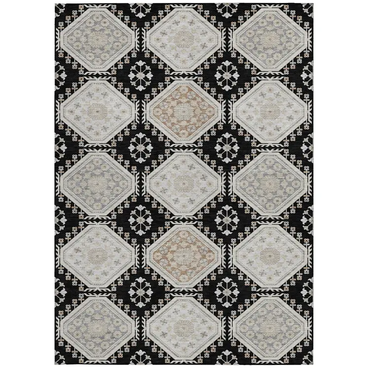 9' X 12' Black And Silver Floral Washable Indoor Outdoor Area Rug