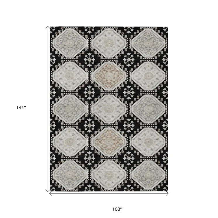 9' X 12' Black And Silver Floral Washable Indoor Outdoor Area Rug