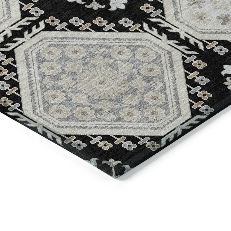 9' X 12' Black And Silver Floral Washable Indoor Outdoor Area Rug