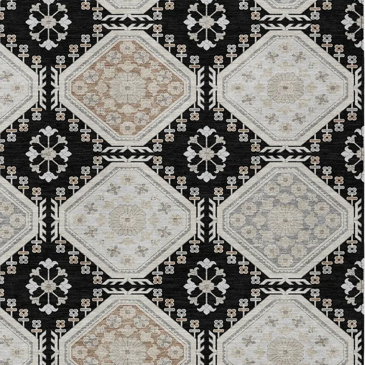 9' X 12' Black And Silver Floral Washable Indoor Outdoor Area Rug