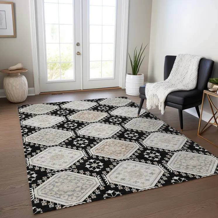 9' X 12' Black And Silver Floral Washable Indoor Outdoor Area Rug