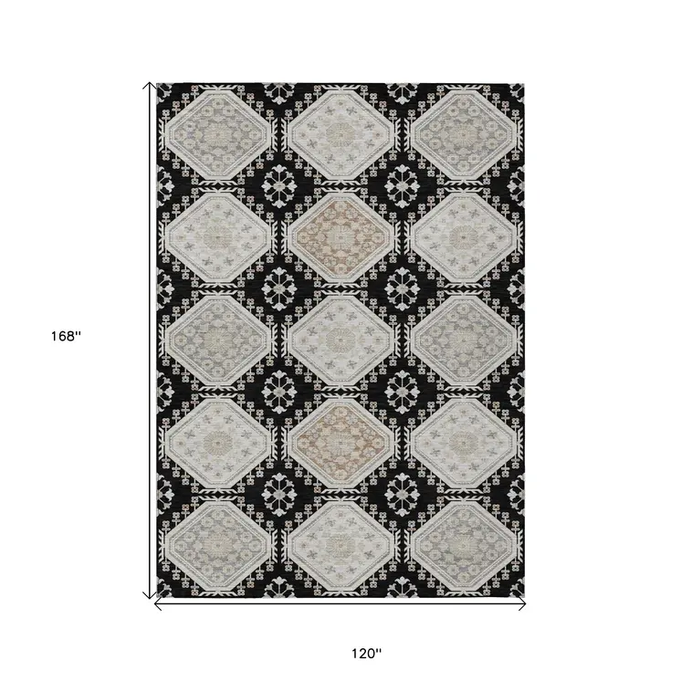 10' X 14' Black And Silver Floral Washable Indoor Outdoor Area Rug