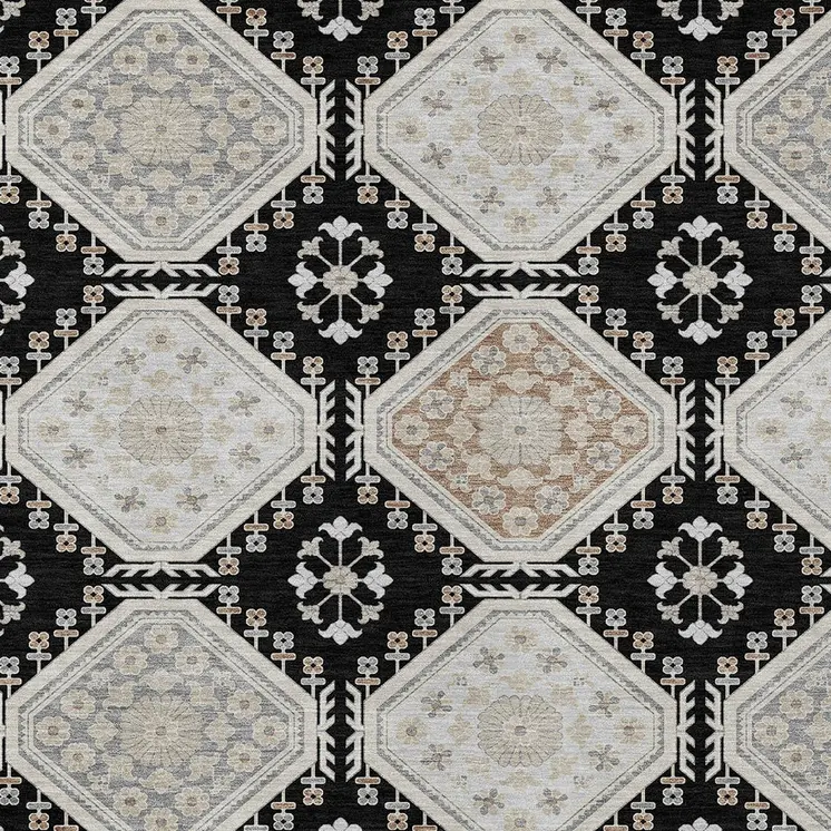 10' X 14' Black And Silver Floral Washable Indoor Outdoor Area Rug