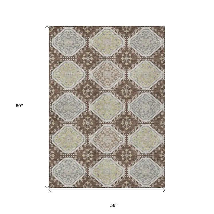 3' X 5' Chocolate And Beige Floral Washable Indoor Outdoor Area Rug