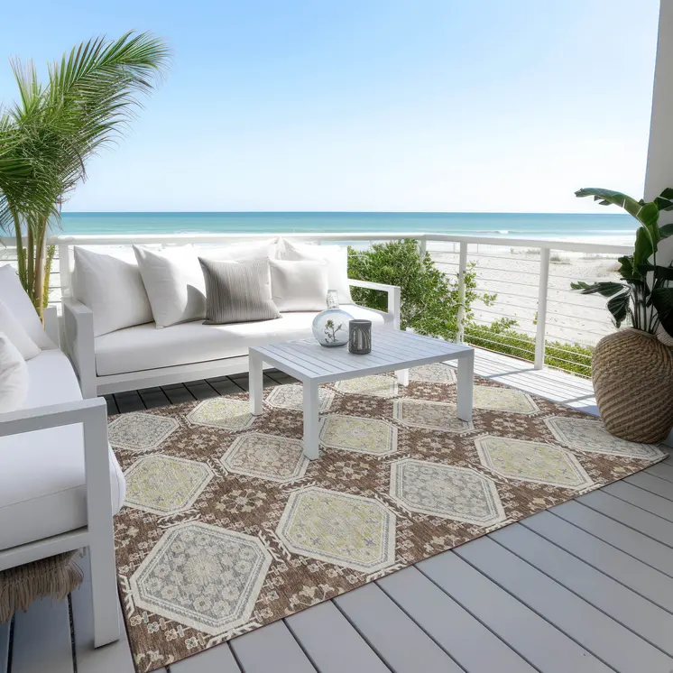3' X 5' Chocolate And Beige Floral Washable Indoor Outdoor Area Rug