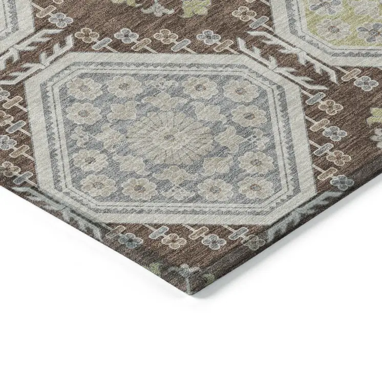 3' X 5' Chocolate And Beige Floral Washable Indoor Outdoor Area Rug