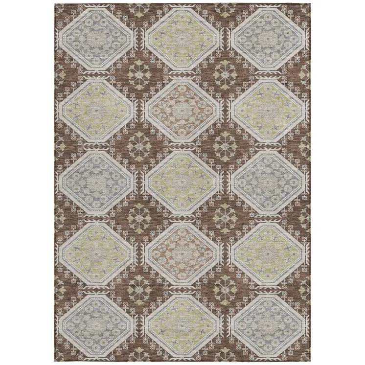 5' X 8' Chocolate And Beige Floral Washable Indoor Outdoor Area Rug