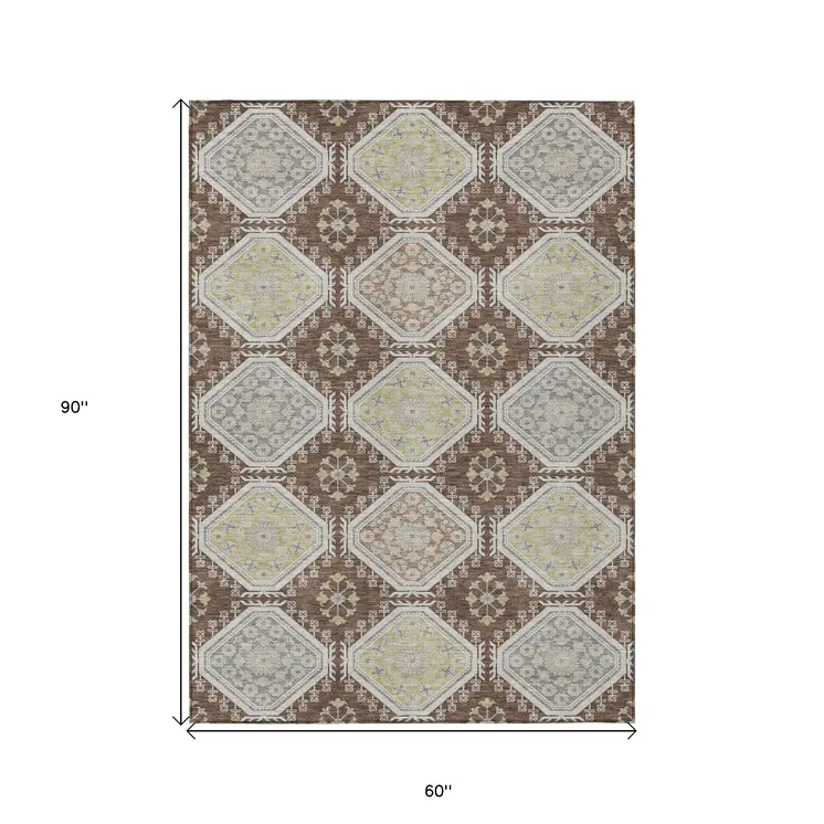 5' X 8' Chocolate And Beige Floral Washable Indoor Outdoor Area Rug