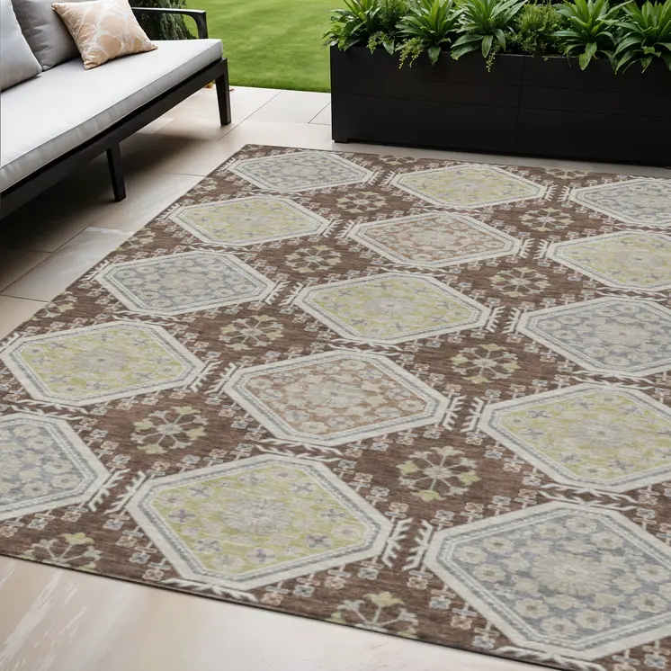 5' X 8' Chocolate And Beige Floral Washable Indoor Outdoor Area Rug