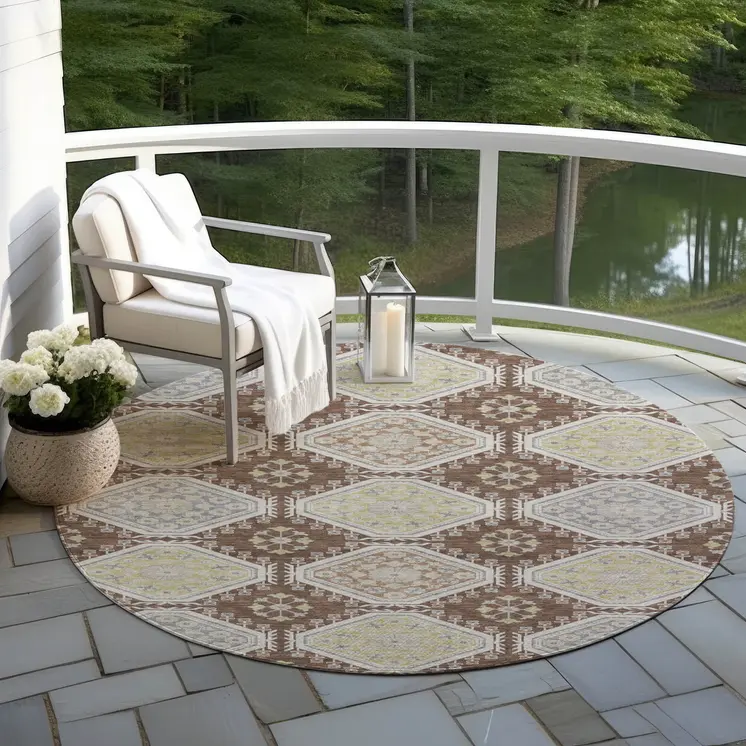 8' Chocolate And Beige Round Floral Washable Indoor Outdoor Area Rug