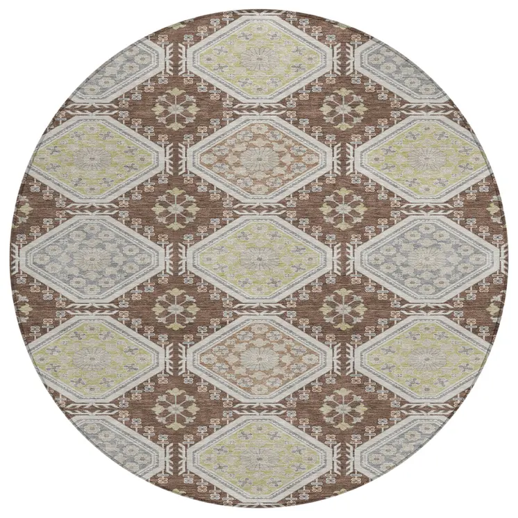 8' Chocolate And Beige Round Floral Washable Indoor Outdoor Area Rug