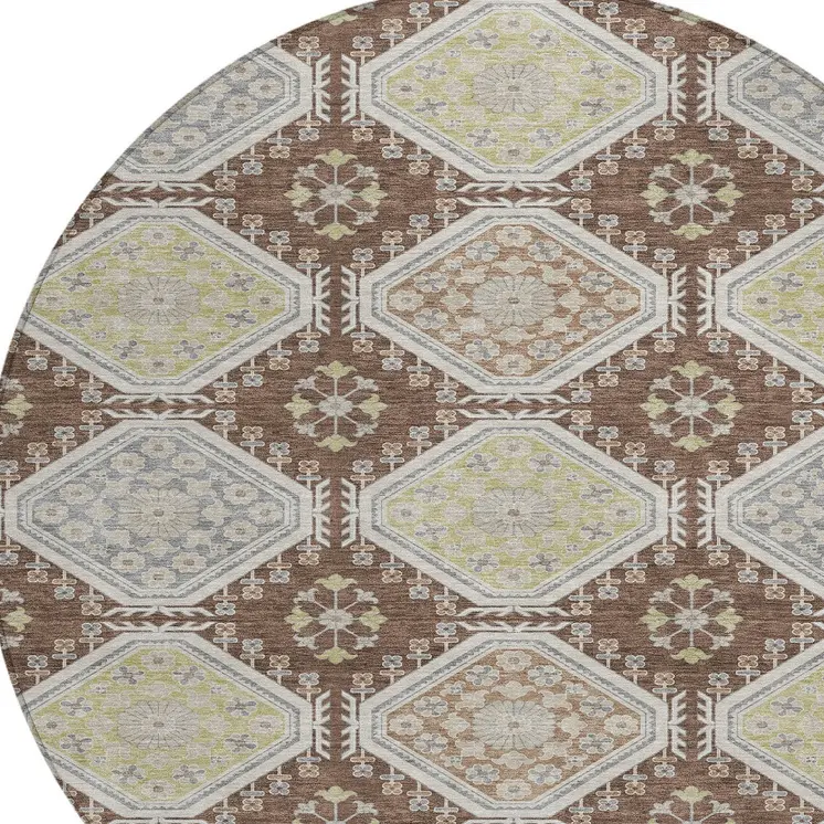 8' Chocolate And Beige Round Floral Washable Indoor Outdoor Area Rug