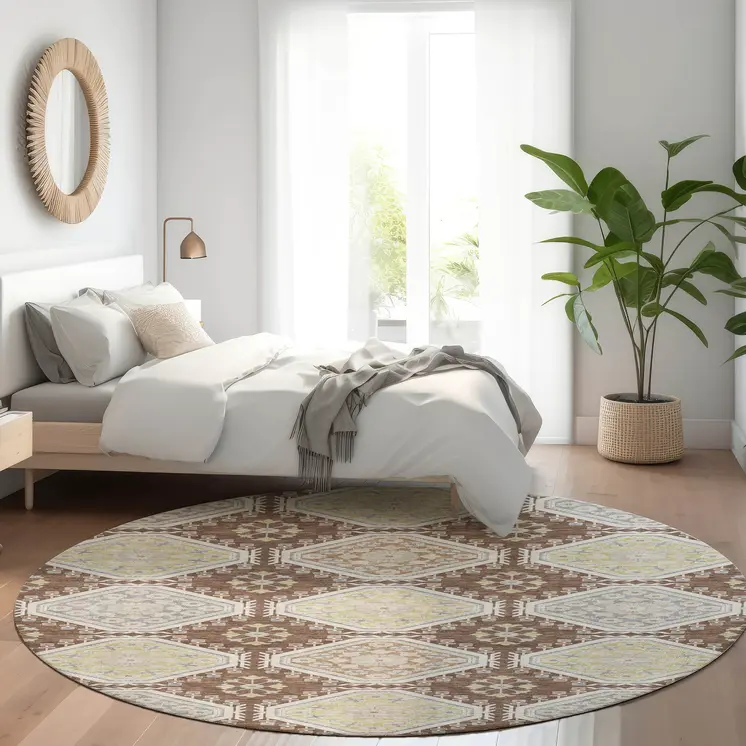 8' Chocolate And Beige Round Floral Washable Indoor Outdoor Area Rug
