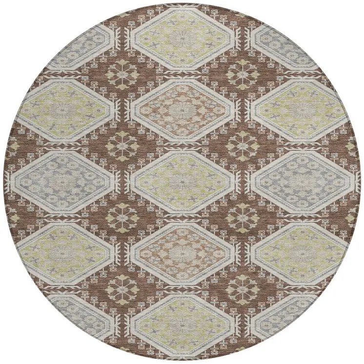 8' Chocolate And Beige Round Floral Washable Indoor Outdoor Area Rug