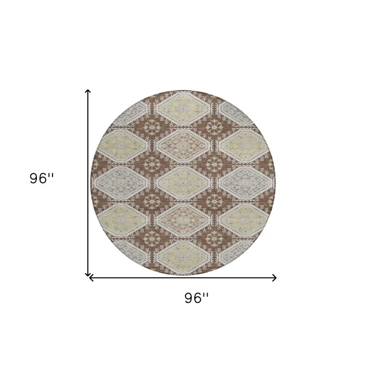 8' Chocolate And Beige Round Floral Washable Indoor Outdoor Area Rug