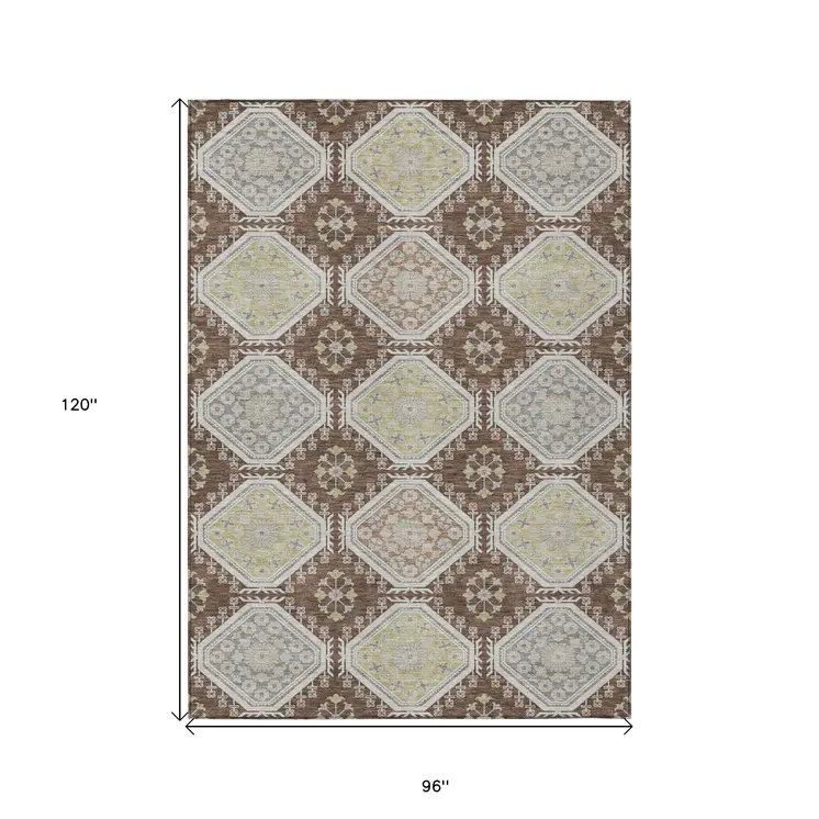 8' X 10' Chocolate And Beige Floral Washable Indoor Outdoor Area Rug