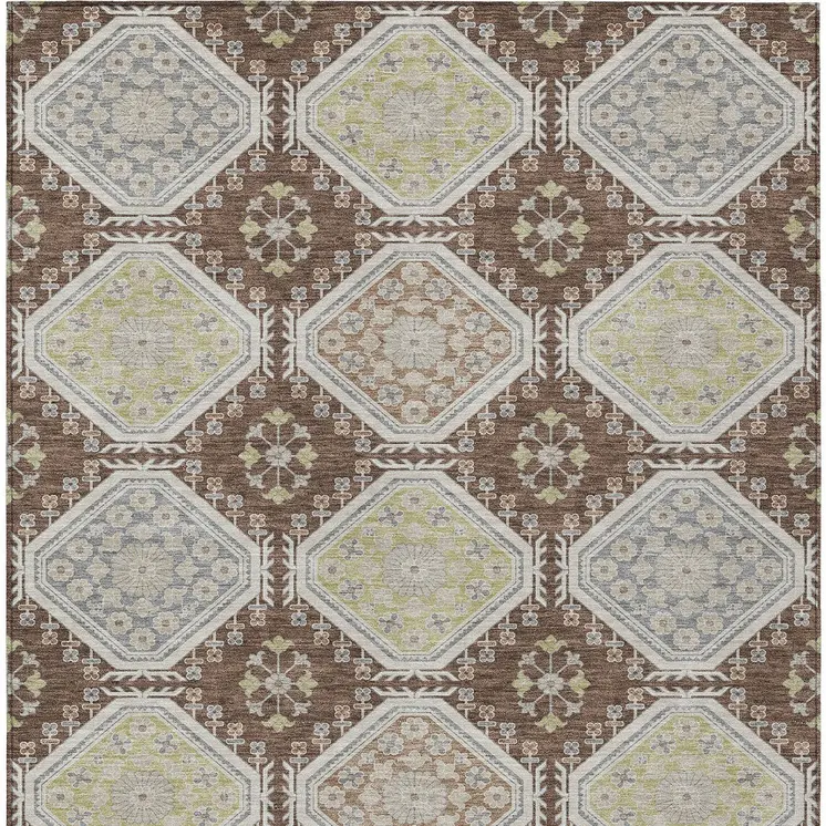 9' X 12' Chocolate And Beige Floral Washable Indoor Outdoor Area Rug