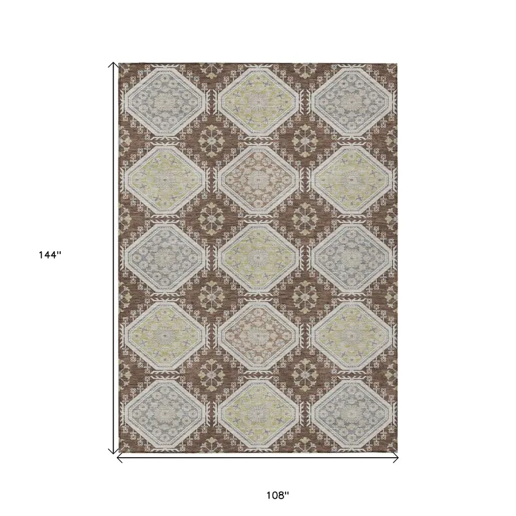 9' X 12' Chocolate And Beige Floral Washable Indoor Outdoor Area Rug