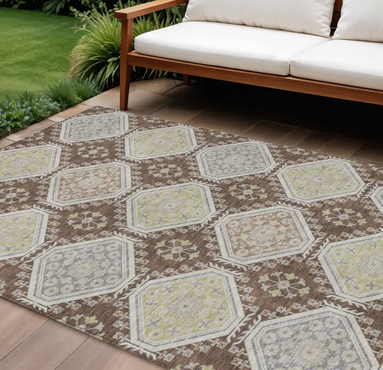 9' X 12' Chocolate And Beige Floral Washable Indoor Outdoor Area Rug