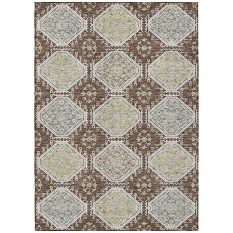 9' X 12' Chocolate And Beige Floral Washable Indoor Outdoor Area Rug