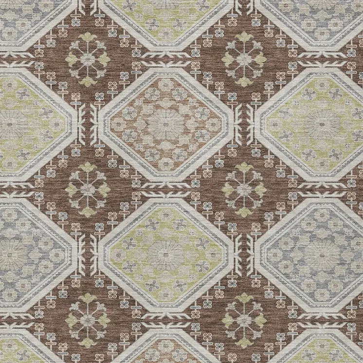 9' X 12' Chocolate And Beige Floral Washable Indoor Outdoor Area Rug