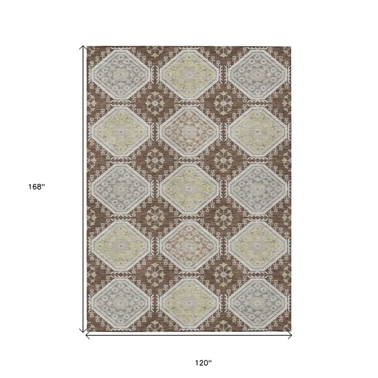 10' X 14' Chocolate And Beige Floral Washable Indoor Outdoor Area Rug
